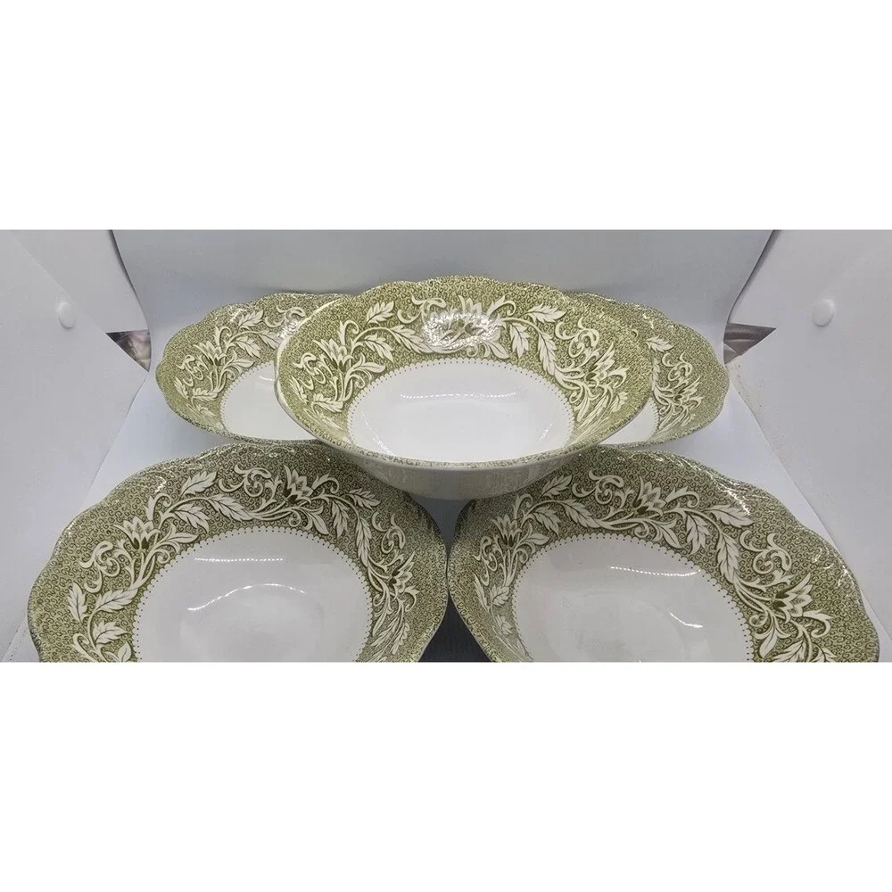 5 Vintage J&G Meakin England Sterling Renaissance Green Soup Cereal Bowls 6.5